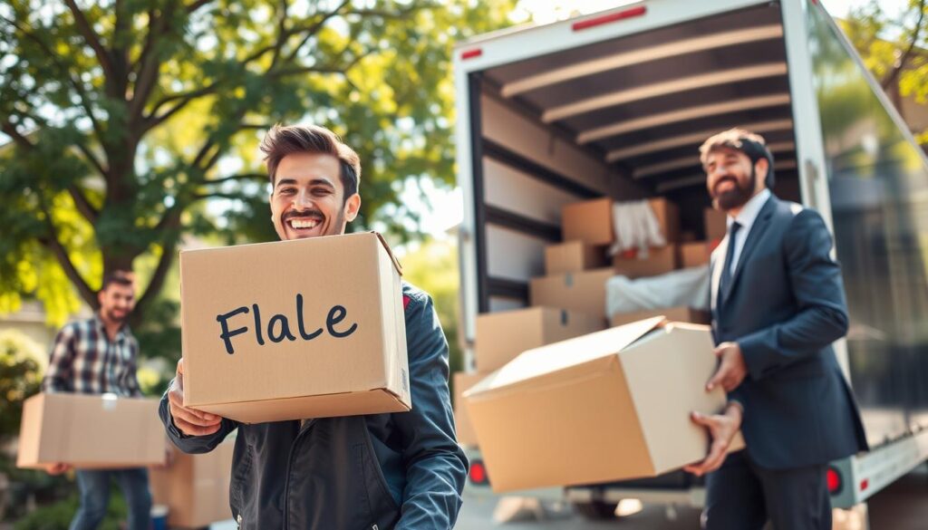 A busy scene depicting full-service moving services, with a professional moving team in smart uniforms carefully packing household items into a large moving truck. In the foreground, a smiling mover lifts a cardboard box labeled “fragile,” showcasing attention to detail. The middle ground features a spacious moving truck filled with neatly organized boxes, and another mover retrieves furniture with protective wrapping. The background includes a suburban home with greenery and an inviting porch, symbolizing relocation. Bright daylight filters through trees, creating a positive and energetic atmosphere. The camera angle captures the action from a slight low angle, emphasizing the professionalism and reliability of the service. This scene conveys a sense of care and efficiency in moving families. A busy scene depicting full-service moving services, with a professional moving team in smart uniforms carefully packing household items into a large moving truck. In the foreground, a smiling mover lifts a cardboard box labeled “fragile,” showcasing attention to detail. The middle ground features a spacious moving truck filled with neatly organized boxes, and another mover retrieves furniture with protective wrapping. The background includes a suburban home with greenery and an inviting porch, symbolizing relocation. Bright daylight filters through trees, creating a positive and energetic atmosphere. The camera angle captures the action from a slight low angle, emphasizing the professionalism and reliability of the service. This scene conveys a sense of care and efficiency in moving families.