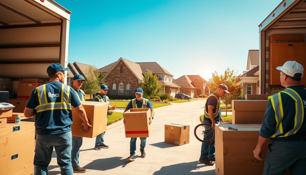 A busy scene depicting professional movers in Rowlett, Texas, expertly handling a variety of moving tasks. In the foreground, a diverse team of movers, dressed in branded uniforms and safety gear, carefully loads furniture into a moving truck. The middle ground showcases a quaint residential neighborhood with brick houses and well-manicured lawns, emphasizing the residential aspect of moving. In the background, a clear blue sky enhances the bright, sunny atmosphere, conveying a sense of reliability and professionalism. The lighting is warm and inviting, suggesting a pleasant day for moving. Capture the action from a slightly elevated angle to provide depth, highlighting teamwork and attention to detail, while maintaining a focus on the movers and their equipment.
