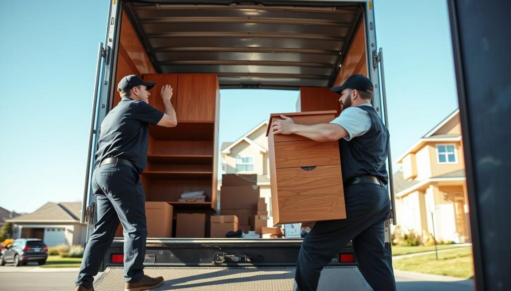 A busy scene depicting the moving process with a focus on professionalism and transparency. In the foreground, two movers in smart uniforms carefully load a large, wooden cabinet into a neatly organized truck, showcasing a sense of teamwork and efficiency. The middle ground reveals a well-kept suburban home, with boxes and packing supplies scattered neatly, signifying an organized move. In the background, an open driveway leads to a clear blue sky, enhancing the feeling of a bright, sunny day. Soft, natural lighting illuminates the scene, capturing the movers' focus and determination. The atmosphere conveys trust and reliability, emphasizing the smooth transition from one home to another while maintaining clear pricing and process visibility.