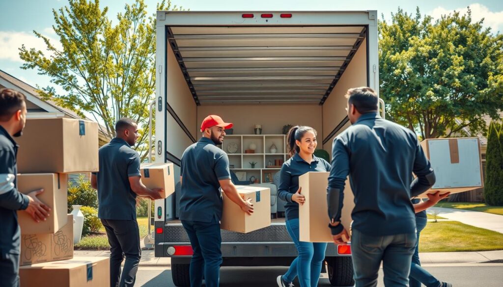 A busy scene showcasing full-service moving options in a residential area. In the foreground, a diverse team of professional movers, dressed in stylish uniforms, are carefully packing boxes and lifting furniture onto a moving truck. In the middle ground, a modern home is visible, with an open front door and organized items like sofas, boxes, and decor being methodically loaded. The background features a clear sky and lush trees, adding to the suburban charm. The lighting is bright and inviting, capturing a warm afternoon atmosphere. The composition is from a slightly elevated angle, highlighting both the movers' efforts and the home’s welcoming environment.