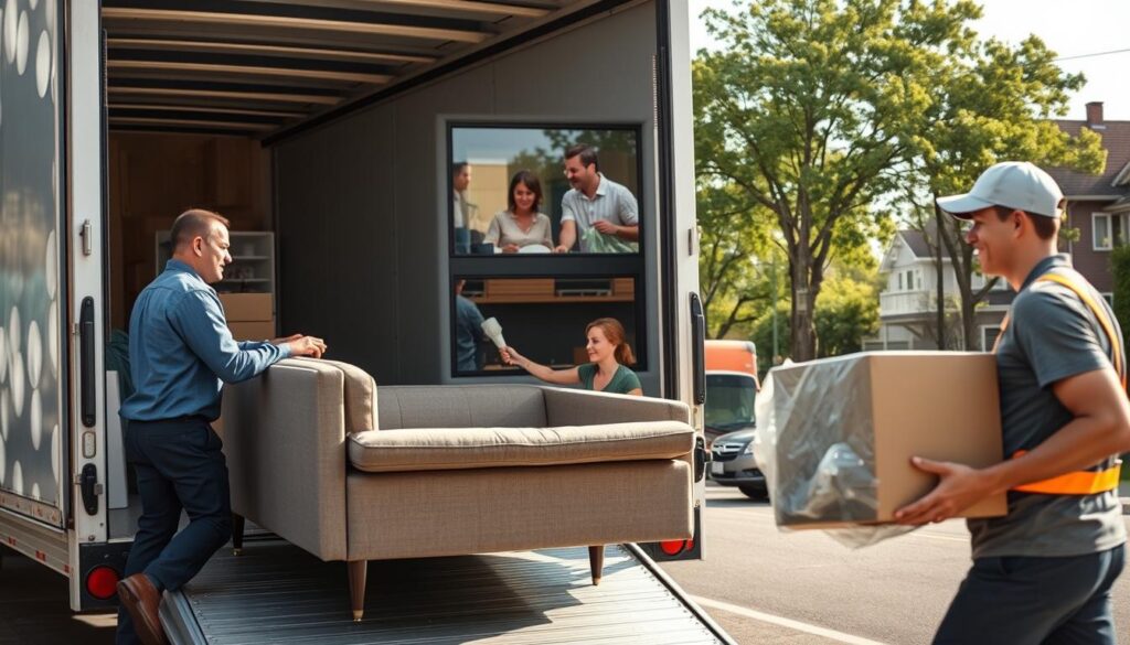 A busy urban scene depicting professional movers in action. In the foreground, two movers in professional attire carefully loading a sofa onto a moving truck. In the middle, a modern apartment building has a large window showcasing a family packing boxes, while another mover is gently wrapping kitchen items with bubble wrap. The background features a sunny suburban street lined with trees and houses, conveying a sense of community. Soft, natural lighting enhances the scene, revealing the details of the movers' equipment and the vibrancy of the surroundings. Shot from a slightly elevated angle, the image aims to convey a feeling of efficiency and reliability in full-service moving, embodying professionalism and care.