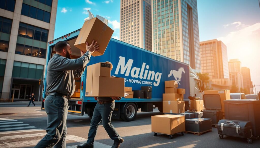 A busy urban street scene illustrating the moving process, showcasing professional movers in modest, professional attire carefully loading boxes onto a bright blue moving truck. In the foreground, a mover is lifting a large, sealed cardboard box while another checks a clipboard in preparation. The middle ground features the truck with the Mustang Moving logo, surrounded by various items like furniture and packing materials neatly organized. In the background, recognizable Dallas downtown architecture with clear blue skies and warm sunlight creates an inviting atmosphere. The focus is sharp on the movers, using a wide-angle lens to capture the hustle and bustle, emphasizing movement and efficiency, reflecting a reliable and professional service.