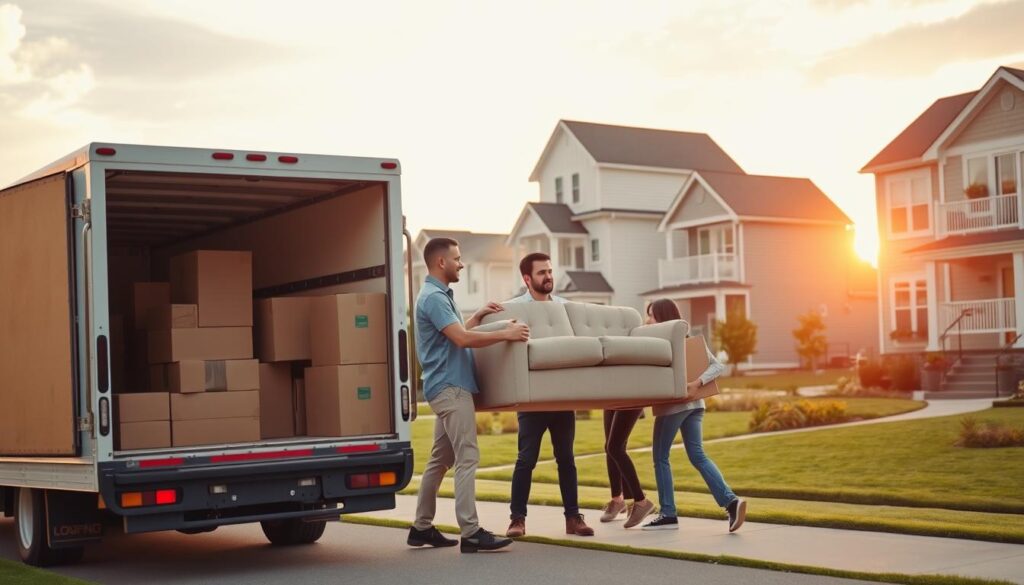 A cheerful moving scene featuring professional movers dressed in modest casual clothing, carefully transporting boxes and furniture outside a modern residential home. In the foreground, a moving truck is parked up, its back open showing neatly stacked boxes. In the middle ground, movers are seen lifting a couch as they work together, showcasing teamwork. The background features a charming neighborhood with well-kept lawns and various residential styles, including single-family homes, apartments, and townhomes. The lighting is soft and warm, evoking a sense of comfort and reliability, as the sun sets gently behind the houses, casting a golden glow over the scene. The overall atmosphere is organized and optimistic, illustrating the ease of the moving process. A cheerful moving scene featuring professional movers dressed in modest casual clothing, carefully transporting boxes and furniture outside a modern residential home. In the foreground, a moving truck is parked up, its back open showing neatly stacked boxes. In the middle ground, movers are seen lifting a couch as they work together, showcasing teamwork. The background features a charming neighborhood with well-kept lawns and various residential styles, including single-family homes, apartments, and townhomes. The lighting is soft and warm, evoking a sense of comfort and reliability, as the sun sets gently behind the houses, casting a golden glow over the scene. The overall atmosphere is organized and optimistic, illustrating the ease of the moving process.