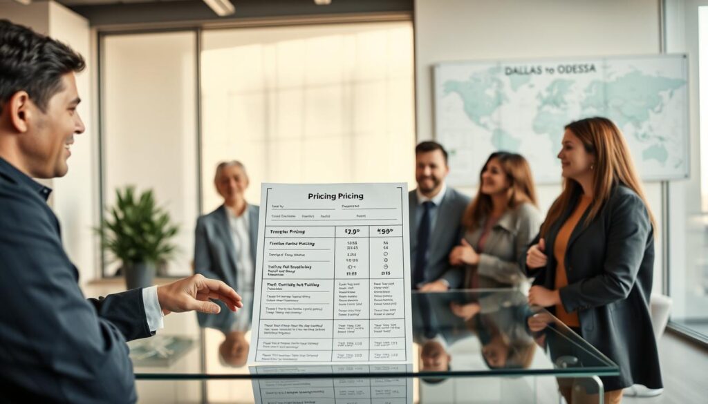 A clean and modern office space representing transparent pricing for moving services. In the foreground, a professional-looking consultant in business attire discusses a pricing plan with a family, their faces reflecting confidence and trust. The middle ground features a large transparent glass table displaying a clear, concise pricing document with itemized quotes and infographics about the moving process. Soft natural light floods through large windows, creating a warm and inviting atmosphere. The background includes a wall-mounted map highlighting the Dallas to Odessa route, symbolizing efficient logistics. The overall mood is one of professionalism and reliability, emphasizing quick service and transparency in moving costs. The image should be shot at eye level, with a shallow depth of field to focus on the interaction.