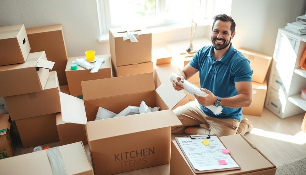 A clean, organized workspace filled with moving boxes, packing materials, and practical tools for an efficient relocation process. In the foreground, a smiling, professional mover in a blue polo shirt and khaki pants is carefully wrapping fragile items in bubble wrap, showcasing expertise and care. The middle ground features an open box labeled A clean, organized workspace filled with moving boxes, packing materials, and practical tools for an efficient relocation process. In the foreground, a smiling, professional mover in a blue polo shirt and khaki pants is carefully wrapping fragile items in bubble wrap, showcasing expertise and care. The middle ground features an open box labeled