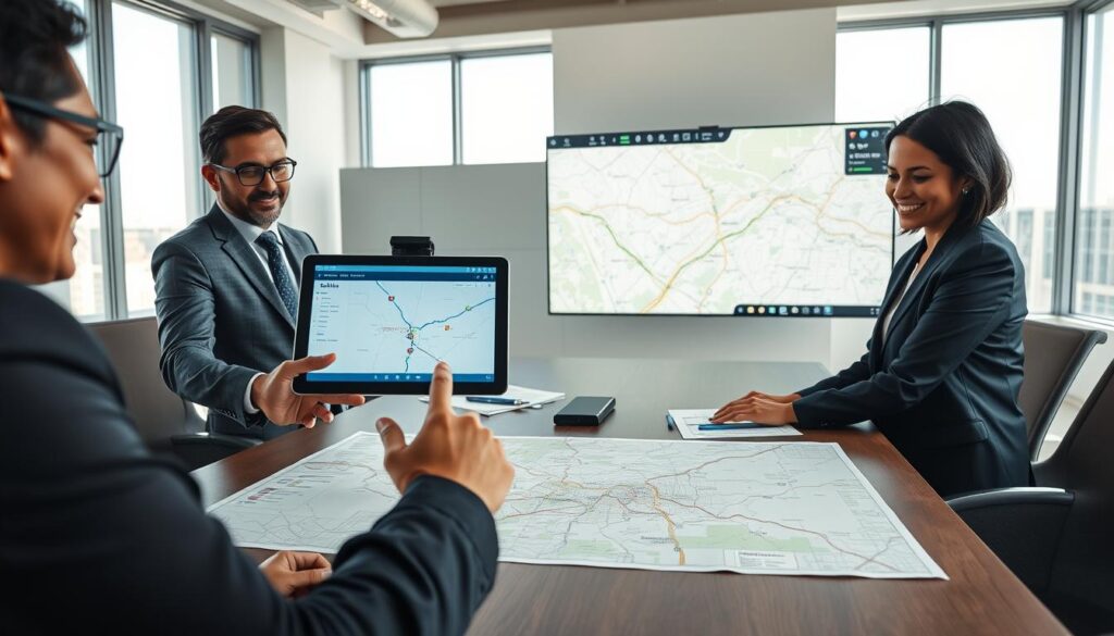 A clear and detailed scene of a moving route planning session, showcasing a professional environment. In the foreground, a diverse team of three individuals wearing smart business attire, focused on charts and maps spread across a large conference table. One person points at a digital tablet displaying a detailed route from Dallas to Pilot Point, with visual markers highlighting key locations. In the middle ground, an array of interconnected maps and a large digital screen showing a live map with route optimization features. The background features a bright, modern office with windows letting in ample natural light, creating an atmosphere of collaboration and diligence. The mood is optimistic and focused, emphasizing expertise in logistics and planning. The angle is slightly above eye level, capturing the engagement of the team in their strategic discussion.