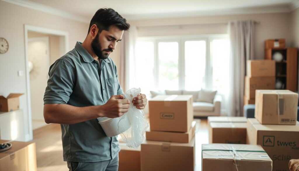 A cozy, organized moving scene in a well-lit living room, showcasing a professional mover carefully packing household items into sturdy boxes. In the foreground, a focused mover wearing a branded uniform delicately wraps fragile kitchenware in bubble wrap, ensuring each piece is safeguarded. In the middle, neatly stacked boxes, labeled and secured, hint at a methodical packing process. The background features a partially empty room with packed furniture and a bright window allowing natural light to flood in, creating a welcoming atmosphere. The overall mood is one of professionalism and efficiency, emphasizing the care and attention given to the moving process. Soft shadows enhance the details, captured with a slightly wide-angle lens to encapsulate the entire scene. A cozy, organized moving scene in a well-lit living room, showcasing a professional mover carefully packing household items into sturdy boxes. In the foreground, a focused mover wearing a branded uniform delicately wraps fragile kitchenware in bubble wrap, ensuring each piece is safeguarded. In the middle, neatly stacked boxes, labeled and secured, hint at a methodical packing process. The background features a partially empty room with packed furniture and a bright window allowing natural light to flood in, creating a welcoming atmosphere. The overall mood is one of professionalism and efficiency, emphasizing the care and attention given to the moving process. Soft shadows enhance the details, captured with a slightly wide-angle lens to encapsulate the entire scene.