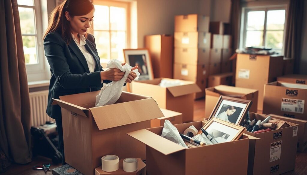 A cozy, professional packing scene in a well-lit room. In the foreground, a person in neat business-casual attire carefully wraps fragile items with bubble wrap and places them into a sturdy cardboard box. A roll of packing tape, scissors, and additional packing materials are scattered nearby, suggesting an organized process. In the middle ground, there are several half-packed boxes, filled with household goods, books, and a framed picture, showcasing diligent packing efforts. The background features a well-organized storage area with neatly stacked moving boxes, a few labeled with markers. Warm, natural light filters through a nearby window, creating an inviting and focused atmosphere, emphasizing the reliability and professionalism of the packing services.