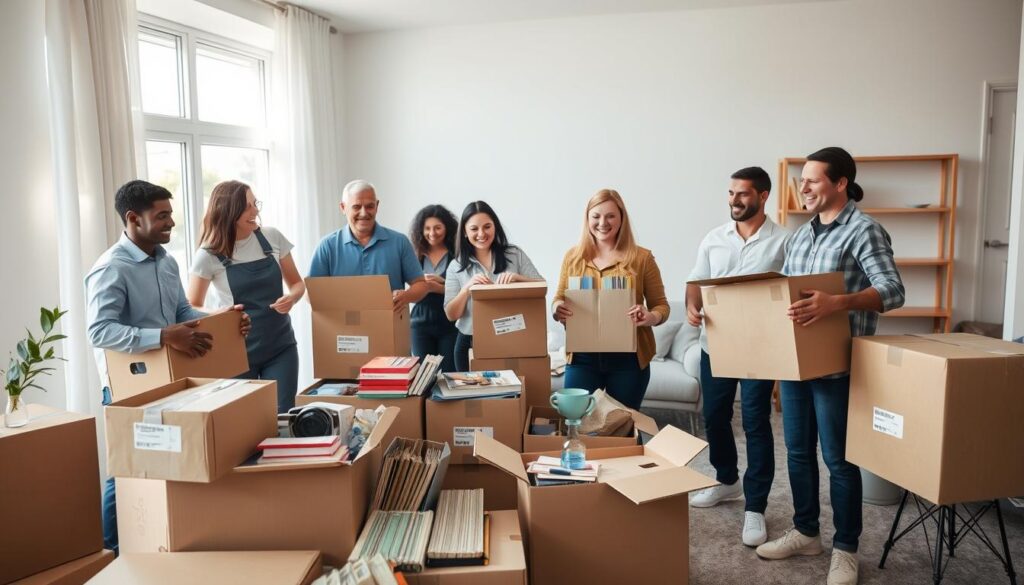 A cozy, well-organized moving scene capturing the essence of packing for a move. In the foreground, a diverse group of professionally dressed movers, including both men and women, are actively packing boxes. They are smiling and collaborating, showcasing teamwork. The middle section displays a variety of labeled cardboard boxes filled with household items like books, kitchenware, and decorative objects. In the background, a well-lit, modern living room is visible, with minimal furniture, emphasizing the transition phase of moving. Soft, natural light floods the scene from a large window, creating a warm and inviting atmosphere. The lens is slightly wide-angle to capture the entire room, giving a sense of spaciousness and readiness for relocation. The overall mood is cheerful and organized, illustrating efficient moving services tailored to meet customer needs. A cozy, well-organized moving scene capturing the essence of packing for a move. In the foreground, a diverse group of professionally dressed movers, including both men and women, are actively packing boxes. They are smiling and collaborating, showcasing teamwork. The middle section displays a variety of labeled cardboard boxes filled with household items like books, kitchenware, and decorative objects. In the background, a well-lit, modern living room is visible, with minimal furniture, emphasizing the transition phase of moving. Soft, natural light floods the scene from a large window, creating a warm and inviting atmosphere. The lens is slightly wide-angle to capture the entire room, giving a sense of spaciousness and readiness for relocation. The overall mood is cheerful and organized, illustrating efficient moving services tailored to meet customer needs.