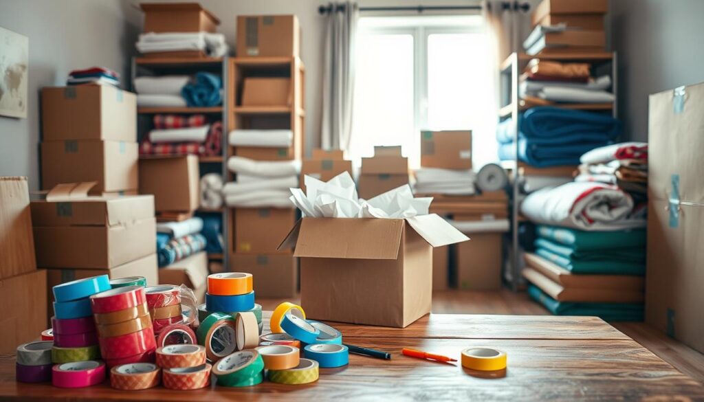 A cozy, well-organized room filled with various packing supplies, such as cardboard boxes in different sizes, bubble wrap, packing tape, and protective blankets. In the foreground, a neatly stacked pile of boxes is surrounded by vibrant rolls of packing tape and colorful markers for labeling. In the middle ground, a sturdy wooden table displays an open box filled with crumpled packing paper and a pair of scissors. In the background, a window lets in soft, natural light, creating a warm atmosphere. The setting is tidy and inviting, indicating a careful packing process. The focus is clear, highlighting the details of the packing materials. The overall mood conveys reliability and professionalism, ideal for a moving service. A cozy, well-organized room filled with various packing supplies, such as cardboard boxes in different sizes, bubble wrap, packing tape, and protective blankets. In the foreground, a neatly stacked pile of boxes is surrounded by vibrant rolls of packing tape and colorful markers for labeling. In the middle ground, a sturdy wooden table displays an open box filled with crumpled packing paper and a pair of scissors. In the background, a window lets in soft, natural light, creating a warm atmosphere. The setting is tidy and inviting, indicating a careful packing process. The focus is clear, highlighting the details of the packing materials. The overall mood conveys reliability and professionalism, ideal for a moving service.