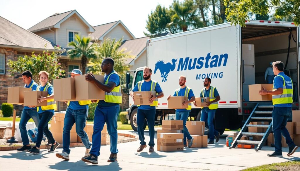 A dedicated team of movers from Mustang Moving is diligently packing boxes and loading a moving truck outside a suburban home. In the foreground, several diverse team members, wearing professional blue uniforms and safety vests, are enthusiastically carrying heavy boxes, showcasing teamwork and determination. In the middle ground, the truck is parked prominently, adorned with the Mustang Moving logo, and there are stacks of neatly arranged boxes nearby. The background features a sunny Dallas neighborhood with well-kept houses and greenery, symbolizing the community. The lighting is bright and natural, casting soft shadows, creating an atmosphere of reliability and professionalism. Capture the scene from a slightly elevated angle to provide a comprehensive view of the action and teamwork at play.