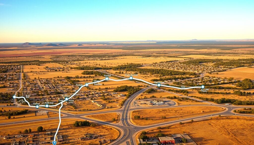 A detailed map overlay showing the route between Dallas and Sherman, Texas, with key landmarks and popular areas highlighted. In the foreground, a digital route line connects the two cities, marked with distance indicators and suggested stopping points, showcasing major highways and scenic roads. The middle ground features illustrations of neighborhoods, parks, and notable businesses along the route, depicted in a clean, informative style. The background is a panoramic view of the Texas landscape, including rolling hills and open skies, with soft, natural lighting that creates a warm and inviting atmosphere. The mood is professional and organized, suitable for an informative article.