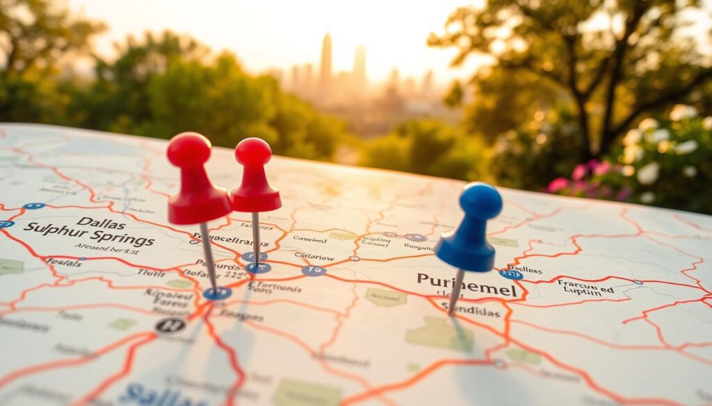 A detailed map showcasing the route from Dallas to Sulphur Springs, with vivid markers indicating neighborhoods and landmarks. In the foreground, focus on a classic pushpin map with vibrant red and blue pins highlighting important stops. The middle layer features a winding road with scenic views, lined with lush green trees and blooming flowers, conveying a sense of springtime rejuvenation. In the background, the skyline of Dallas is faintly visible, bathed in warm, golden afternoon light, creating a welcoming atmosphere. Use a slightly elevated angle for a comprehensive view, emphasizing the journey ahead. Ensure a calm, organized feel to the composition, suitable for a professional article about moving services. Avoid any textual elements or distractions, creating a clean and focused visual representation.