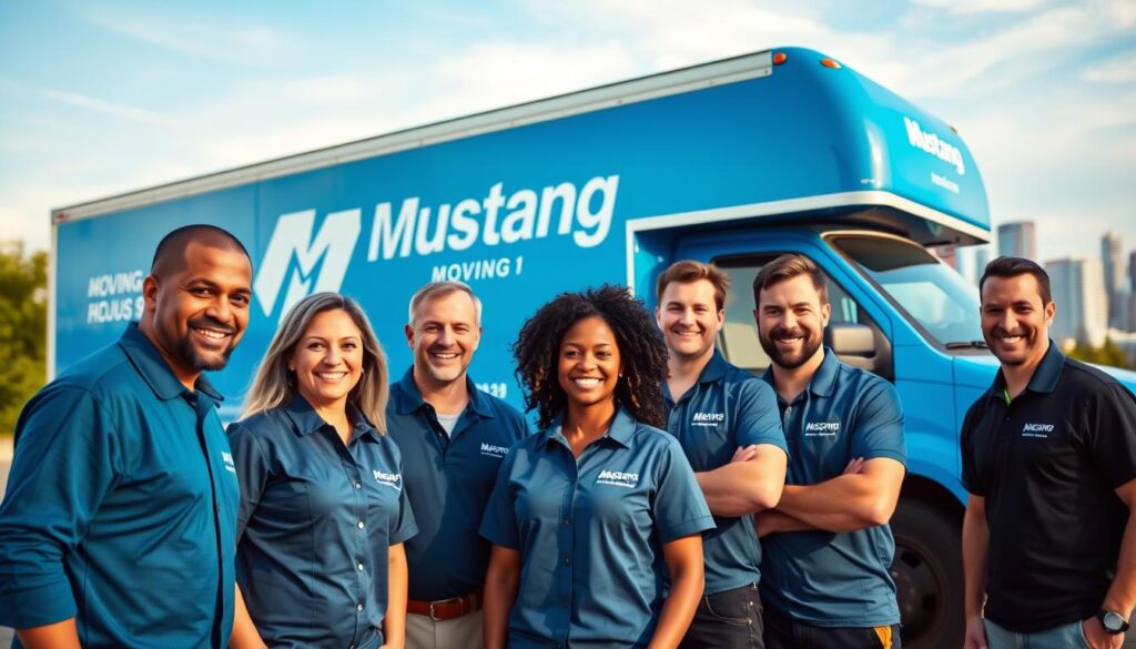 A diverse and professional moving team from Mustang Moving, featuring five team members, is gathered outdoors in front of a bright blue moving truck, showcasing reliable moving services. The foreground displays the team members, dressed in branded uniforms, talking and smiling confidently, exuding teamwork and camaraderie. The middle ground features the well-maintained moving truck, showcasing its logo and equipment. In the background, a bustling Dallas skyline is visible under a clear sky, symbolizing a vibrant city life. Soft, natural lighting enhances the colors and highlights the professionalism of the team. The atmosphere is friendly and engaging, emphasizing a sense of trust and reliability in their moving services.