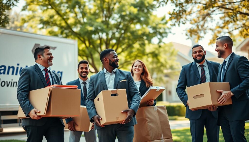A diverse group of professional movers in business attire, showcasing a 