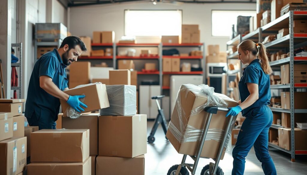 A dynamic packing scene inside a well-lit, organized moving warehouse. In the foreground, two professional movers, a man and a woman, are carefully wrapping breakable items with bubble wrap and placing them into sturdy cardboard boxes, wearing blue uniforms and gloves. The middle ground features neatly stacked boxes with labels, while a dolly is being loaded with larger items like furniture and appliances. In the background, shelves display tools and packing supplies, creating a sense of order and efficiency. Soft, natural lighting streams through large windows, enhancing the atmosphere of professionalism and reliability. The image evokes a sense of trust and readiness, perfect for a moving service scenario. A dynamic packing scene inside a well-lit, organized moving warehouse. In the foreground, two professional movers, a man and a woman, are carefully wrapping breakable items with bubble wrap and placing them into sturdy cardboard boxes, wearing blue uniforms and gloves. The middle ground features neatly stacked boxes with labels, while a dolly is being loaded with larger items like furniture and appliances. In the background, shelves display tools and packing supplies, creating a sense of order and efficiency. Soft, natural lighting streams through large windows, enhancing the atmosphere of professionalism and reliability. The image evokes a sense of trust and readiness, perfect for a moving service scenario.