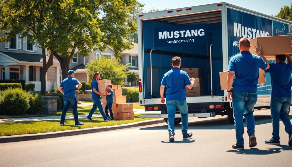A dynamic scene capturing the essence of Mustang Moving, showcasing a professional moving crew in action. In the foreground, a diverse team of movers dressed in smart blue uniforms efficiently loading boxes onto a pristine, branded moving truck. The middle ground features the truck parked on a suburban street, with a well-maintained Westlake neighborhood in the background, characterized by charming houses and lush trees. The lighting is bright and inviting, suggesting a sunny day, enhancing the sense of reliability and warmth. The angle is slightly elevated, providing a clear view of both the action and the surrounding environment, embodying a trustworthy and positive atmosphere for moving services.