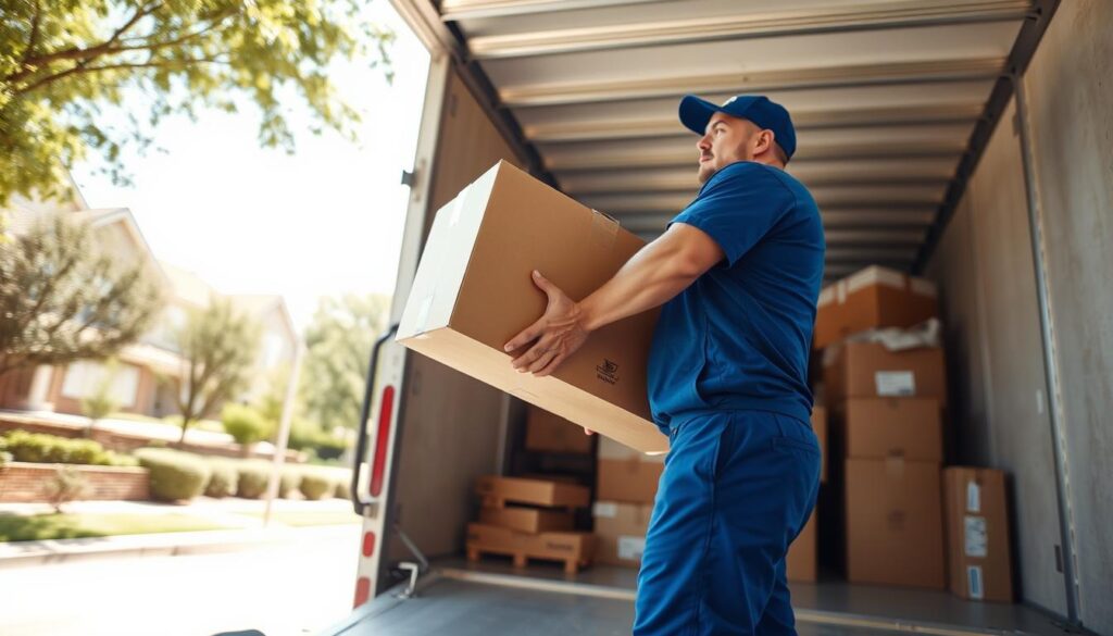 A dynamic scene capturing the essence of a moving process, focusing on a professional mover in a blue Mustang Moving uniform. In the foreground, the mover is carefully lifting a heavy box, showcasing strength and reliability. In the middle ground, an open moving truck displays neatly packed goods, bustling with organized chaos. In the background, a sunny Dallas suburb is visible, with well-maintained homes and trees, creating a warm, inviting atmosphere. The lighting is bright and airy, emphasizing the daytime setting, with soft shadows adding depth. The angle is slightly tilted upwards, offering a view of the action while evoking a sense of movement and efficiency, embodying the trustworthiness of Mustang Moving services for a seamless relocation experience.