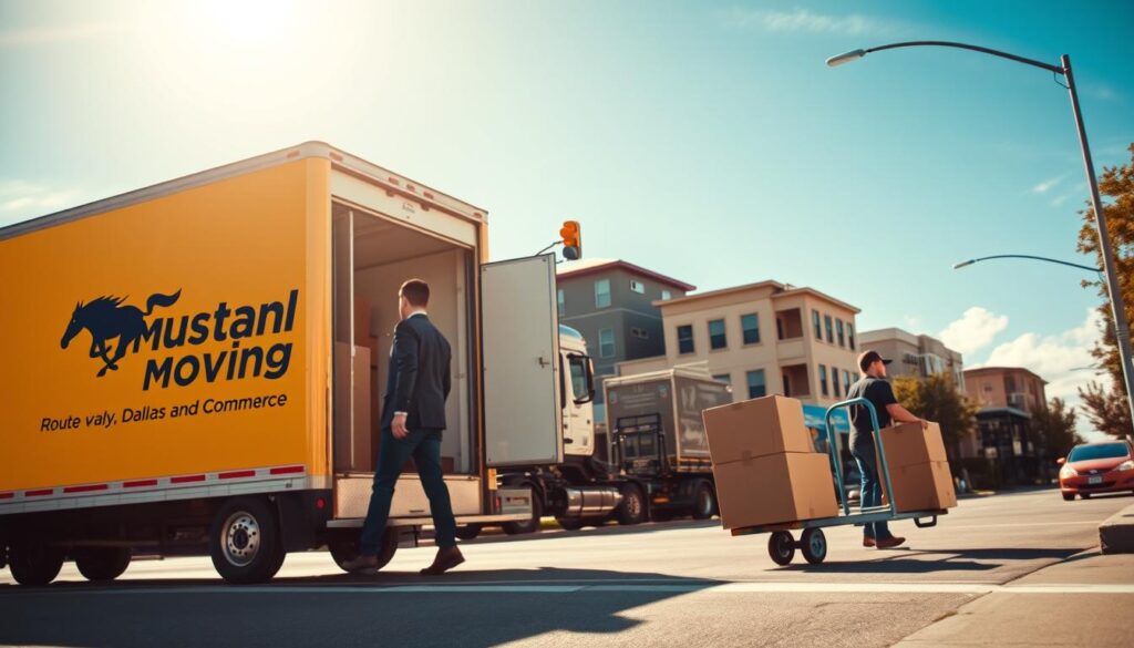 A dynamic scene depicting a professional moving company in action, showcasing a brightly branded moving truck emblazoned with the Mustang Moving logo in the foreground. The truck is positioned in a well-lit urban setting, perhaps on a busy street in Dallas, with movers dressed in smart, casual clothing carefully unloading boxes and furniture onto a dolly. In the middle ground, residential buildings or commercial establishments hint at the route between Dallas and Commerce, portraying a sense of locality. The background features a clear blue sky with soft sunlight illuminating the whole scene, conveying a trustworthy and reliable atmosphere. The composition should be shot from a slightly elevated angle to capture both the movers' activity and the surrounding environment, emphasizing the professionalism and efficiency of Mustang Moving services.
