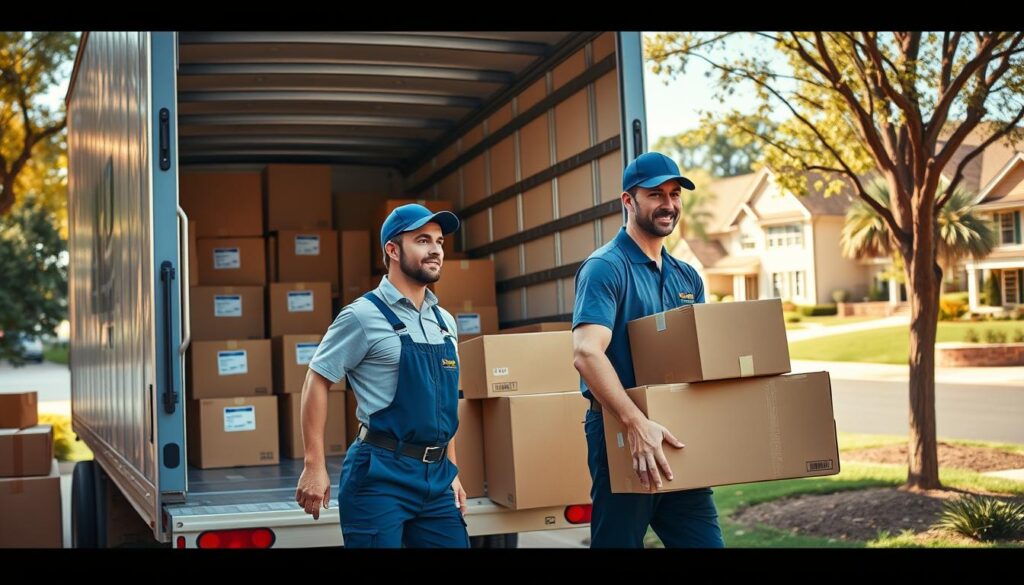 A dynamic scene depicting professional movers at work in a bright, clean environment. In the foreground, two movers in smart, branded uniforms carefully pack a large truck with cardboard boxes and furniture, showcasing their teamwork and efficiency. The middle ground features a well-organized moving truck filled with labeled boxes, emphasizing reliability and attention to detail. In the background, a residential neighborhood in Killeen with tree-lined streets and welcoming houses suggests a seamless transition for clients. Soft, natural lighting enhances the warm atmosphere, casting gentle shadows and creating a sense of trust and professionalism. The overall mood is positive and focused, highlighting the movers' commitment to quality service and fair pricing.