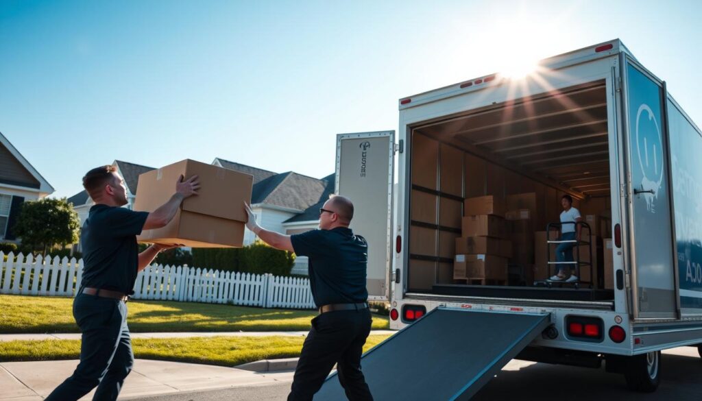 A dynamic scene of a Mustang Moving process, showcasing a professional team in action during a local move. In the foreground, two movers in smart uniforms carefully lift a large box onto a moving truck, showcasing strength and teamwork. In the middle ground, a well-organized moving truck is parked, its rear doors open, revealing neatly packed items ready for transport. The background features a suburban neighborhood in Dallas, with neatly trimmed lawns and white picket fences, under a bright blue sky. Soft, natural lighting enhances the cheerful atmosphere, while a slight lens flare adds warmth. The overall mood is one of efficiency and reliability, embodying the step-by-step nature of a seamless moving experience.
