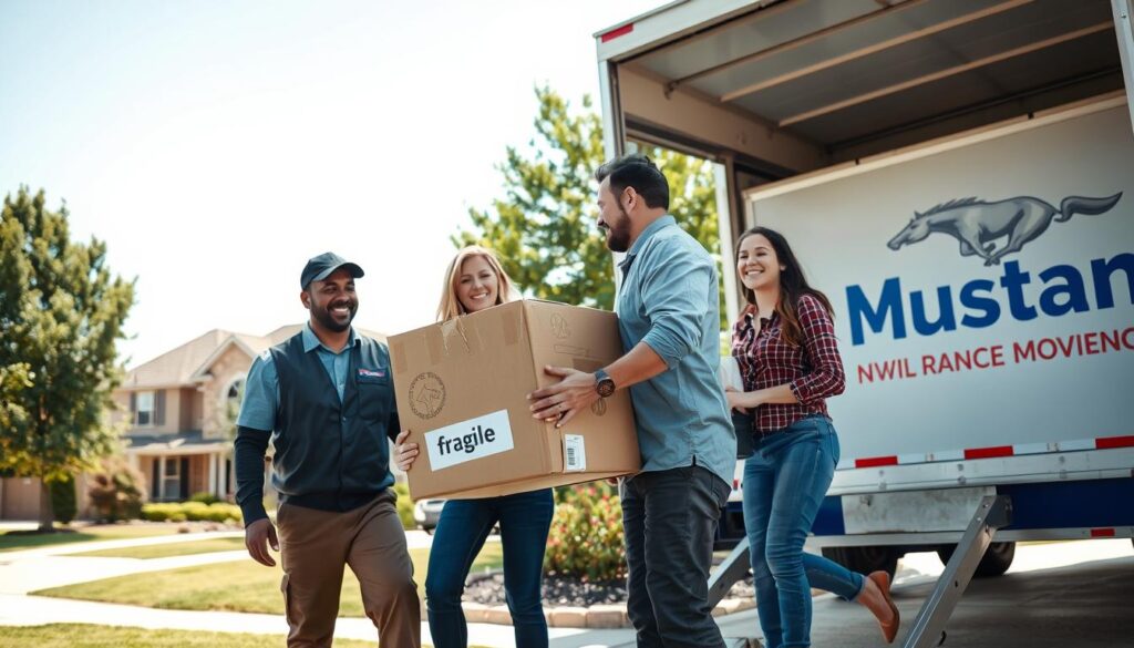 A dynamic scene of professional movers from Mustang Moving actively helping a family relocate in North Richland Hills, Texas. In the foreground, two movers in smart uniforms are carefully lifting a large cardboard box labeled 