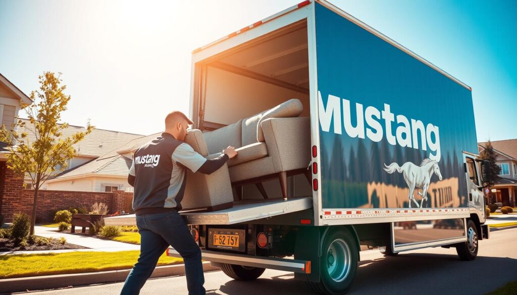 A dynamic scene showcasing a Mustang Moving truck in action during a residential relocation. In the foreground, a professional mover in a branded uniform carefully loads a stylish, modern sofa into the back of the truck. In the middle ground, the truck’s vibrant branding is clearly visible, parked in a suburban Dallas neighborhood with neatly landscaped yards. The background features a clear blue sky, casting warm sunlight that enhances the cheerful atmosphere of a successful move. Use a wide-angle lens perspective to capture the sense of movement, focusing on the busyness of the scene while maintaining sharp details. The overall mood is upbeat and professional, emphasizing reliability and efficiency in moving services. A dynamic scene showcasing a Mustang Moving truck in action during a residential relocation. In the foreground, a professional mover in a branded uniform carefully loads a stylish, modern sofa into the back of the truck. In the middle ground, the truck’s vibrant branding is clearly visible, parked in a suburban Dallas neighborhood with neatly landscaped yards. The background features a clear blue sky, casting warm sunlight that enhances the cheerful atmosphere of a successful move. Use a wide-angle lens perspective to capture the sense of movement, focusing on the busyness of the scene while maintaining sharp details. The overall mood is upbeat and professional, emphasizing reliability and efficiency in moving services.