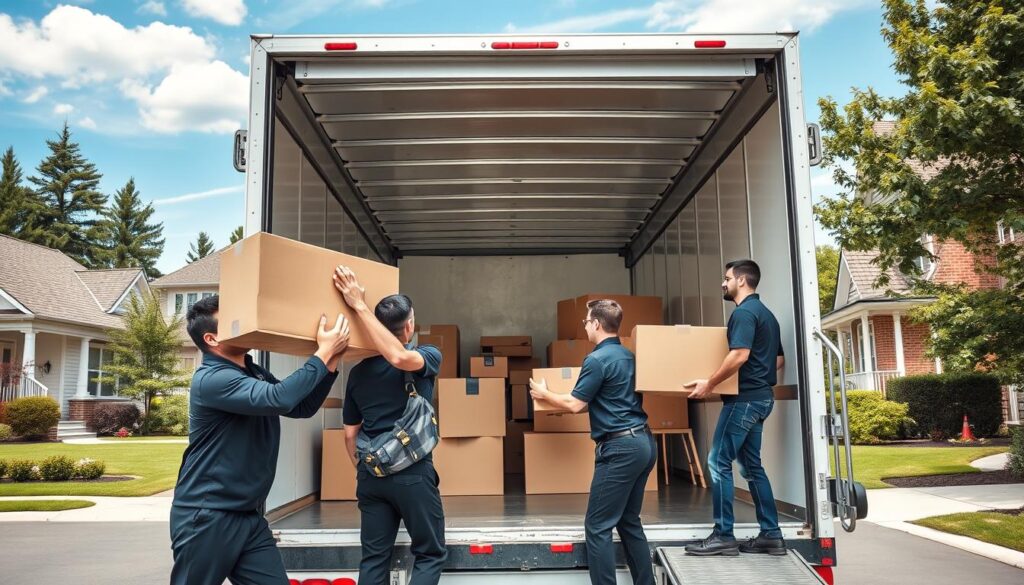 A dynamic scene showcasing comprehensive moving services, featuring a professional team of movers in smart uniforms, carefully loading furniture and boxes into a moving truck. In the foreground, the movers are engaged in lifting a large, well-packed box, showing teamwork and efficiency. The middle section reveals the open back of a clean, spacious moving truck lined with protective padding, while a variety of household items are visible inside, symbolizing a full-service move. The background depicts a suburban setting with well-kept homes and trees, under a bright blue sky suggesting a sunny day. Soft, natural lighting enhances the overall cheerful and reliable atmosphere, evoking trust and professionalism.