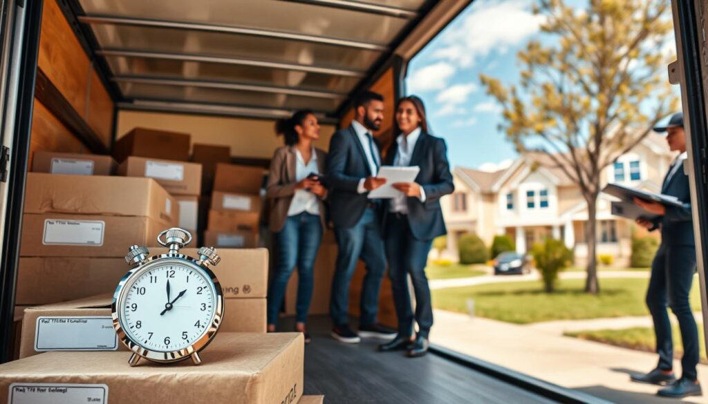 A dynamic scene showcasing time-saving moving tips for a Dallas to Aubrey move, featuring an organized moving process. Foreground: a neatly packed moving truck with boxes labeled clearly, and a stopwatch resting atop a stack of boxes. Middle ground: a diverse team of professional movers in smart casual attire, carefully loading items while discussing strategies with a clipboard in hand. Background: a suburban neighborhood view with charming houses under a clear blue sky, portraying a welcoming atmosphere. Warm, natural lighting enhances the cheerful mood, with soft shadows creating depth. The image should evoke a sense of organization, efficiency, and professionalism, ideal for conveying practical moving advice.