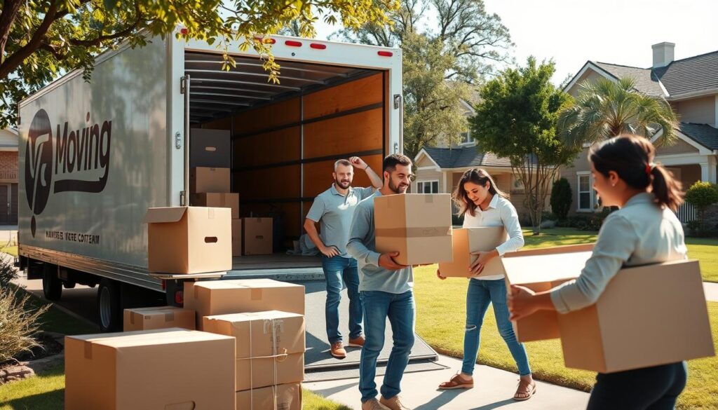 A friendly, professional moving team carefully packing household items into a moving truck outside a suburban home, set in a sunny Dallas neighborhood. In the foreground, a diverse group of movers in neat, modest casual clothing are gently handling boxes and furniture, showcasing teamwork and care. In the middle, a moving truck with the company logo visible is parked beside the house, with a well-kept lawn and trees creating a warm, welcoming atmosphere. In the background, charming residential houses add to the sense of community. The scene is illuminated by natural sunlight, creating a bright and optimistic mood, captured from a slightly elevated angle to provide depth and context to the moving process.
