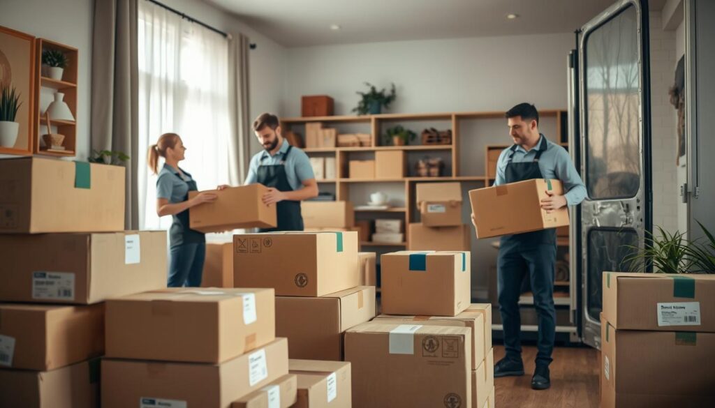 A harmonious interior scene depicting the moving process, featuring a friendly moving team in professional attire carefully packing boxes and loading a moving truck. In the foreground, there are neatly stacked boxes labeled for easy identification. In the middle ground, the movers are engaging in organized teamwork, with one person sealing boxes and another lifting a piece of furniture. The background showcases a cozy living room with packed items, ensuring a sense of transition. Soft, natural lighting streams in through a nearby window, creating a warm and inviting atmosphere. The camera angle is slightly elevated, providing a clear view of the entire process while capturing the dedication and professionalism of the movers. The mood is focused and efficient, illustrating a seamless moving experience. A harmonious interior scene depicting the moving process, featuring a friendly moving team in professional attire carefully packing boxes and loading a moving truck. In the foreground, there are neatly stacked boxes labeled for easy identification. In the middle ground, the movers are engaging in organized teamwork, with one person sealing boxes and another lifting a piece of furniture. The background showcases a cozy living room with packed items, ensuring a sense of transition. Soft, natural lighting streams in through a nearby window, creating a warm and inviting atmosphere. The camera angle is slightly elevated, providing a clear view of the entire process while capturing the dedication and professionalism of the movers. The mood is focused and efficient, illustrating a seamless moving experience.