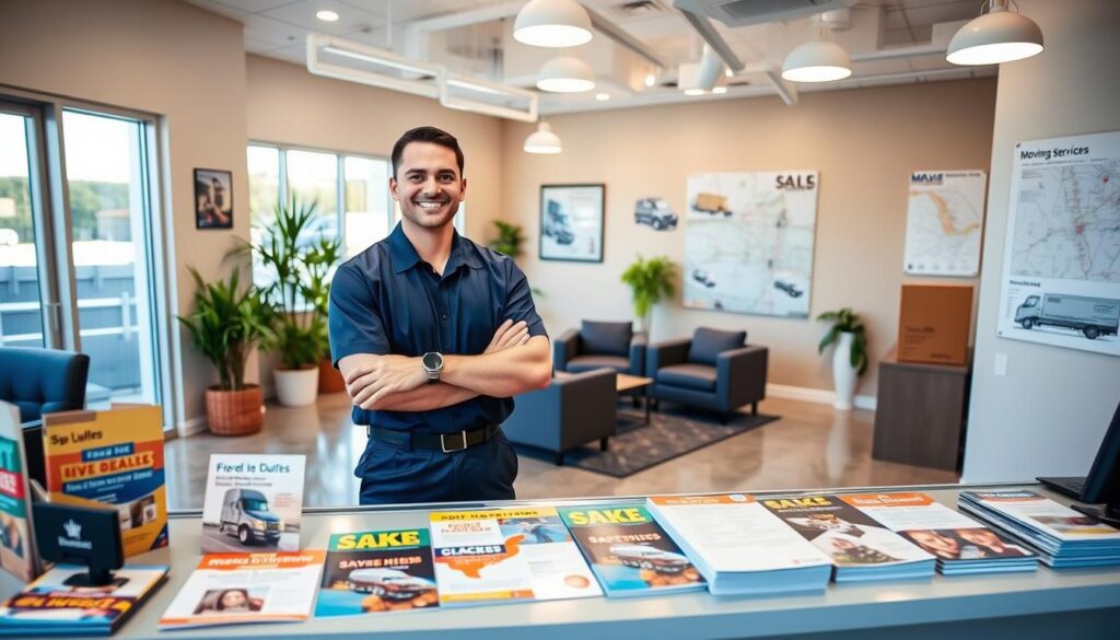 A modern and inviting moving services office interior showcasing a friendly atmosphere. In the foreground, a professional mover in a navy blue uniform stands confidently at a desk filled with colorful brochures and promotional materials about moving services from Dallas to Hurst. The middle ground features a spacious waiting area with a comfortable sofa, plants, and a large window letting in bright, natural light, creating a warm ambiance. The background includes a wall adorned with maps and images of moving vehicles, emphasizing reliability and service. The lighting is bright and cheerful, with a focus on a clean, organized workspace, conveying a sense of professionalism and readiness to help clients. The overall mood is welcoming and efficient, encouraging customers to take the next step in their moving journey. A modern and inviting moving services office interior showcasing a friendly atmosphere. In the foreground, a professional mover in a navy blue uniform stands confidently at a desk filled with colorful brochures and promotional materials about moving services from Dallas to Hurst. The middle ground features a spacious waiting area with a comfortable sofa, plants, and a large window letting in bright, natural light, creating a warm ambiance. The background includes a wall adorned with maps and images of moving vehicles, emphasizing reliability and service. The lighting is bright and cheerful, with a focus on a clean, organized workspace, conveying a sense of professionalism and readiness to help clients. The overall mood is welcoming and efficient, encouraging customers to take the next step in their moving journey.