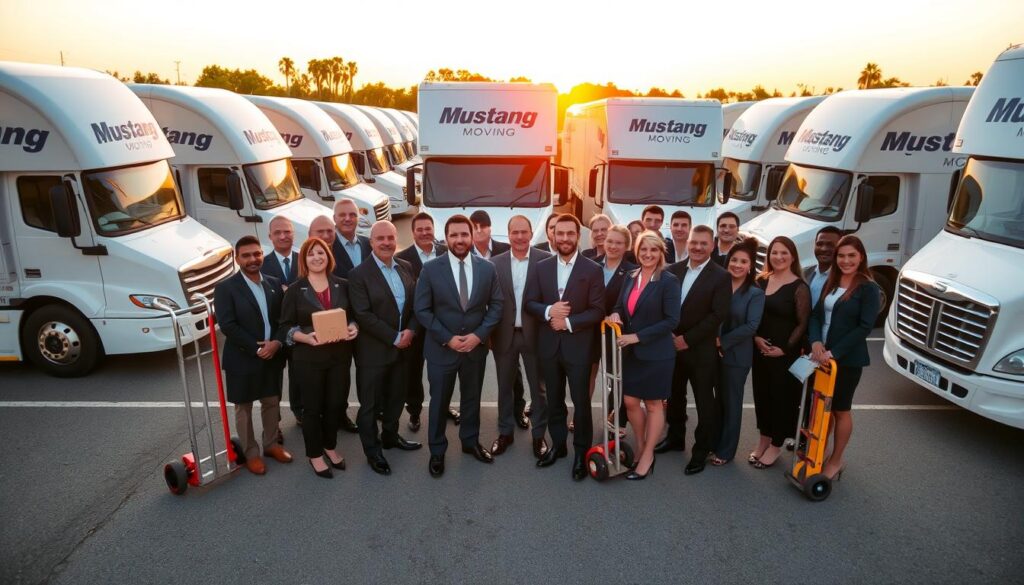 A modern moving truck fleet is parked in a well-organized lot, showcasing sleek, white vehicles with the Mustang Moving logo prominently displayed. In the foreground, a diverse team of professionals in polished business attire stands confidently, some holding moving equipment like dollies and packing supplies. Their expressions convey determination and readiness. In the background, the sun sets, casting a warm glow that enhances the scene's welcoming atmosphere. The lighting is bright and inviting, highlighting the team's preparedness and the modernity of the fleet. A wide-angle view captures the full scale of the operation, emphasizing the efficiency and reliability of the moving services.