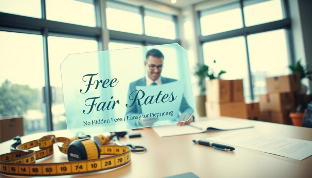 A modern office desk with a transparent price tag hovering above it, glowing gently to symbolize clarity and honesty in pricing. In the foreground, the price tag is visually prominent, displaying the words 
