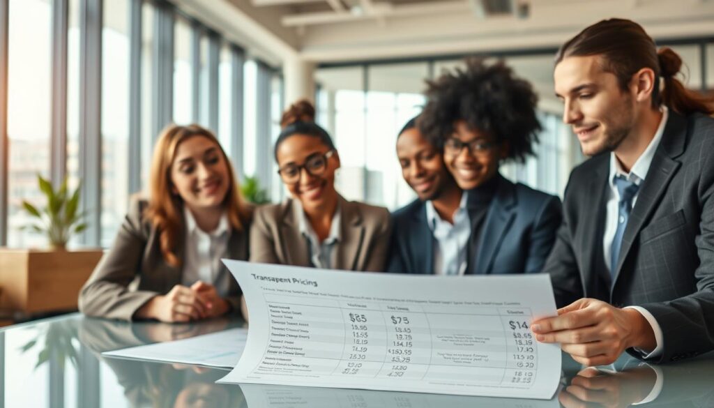 A modern office setting with a diverse group of three professionals in smart business attire reviewing a clear, detailed pricing sheet at a desk. In the foreground, focus on their engaged expressions as they discuss the transparent moving costs. The middle layer showcases the pricing document featuring simple charts and numbers that convey straightforwardness, including icons representing different moving services. In the background, large windows allow natural light to flood the room, creating an inviting atmosphere. The lens should capture a warm, professional look, emphasizing clarity and trust. The overall mood is collaborative and transparent, reflecting a commitment to honesty in service.
