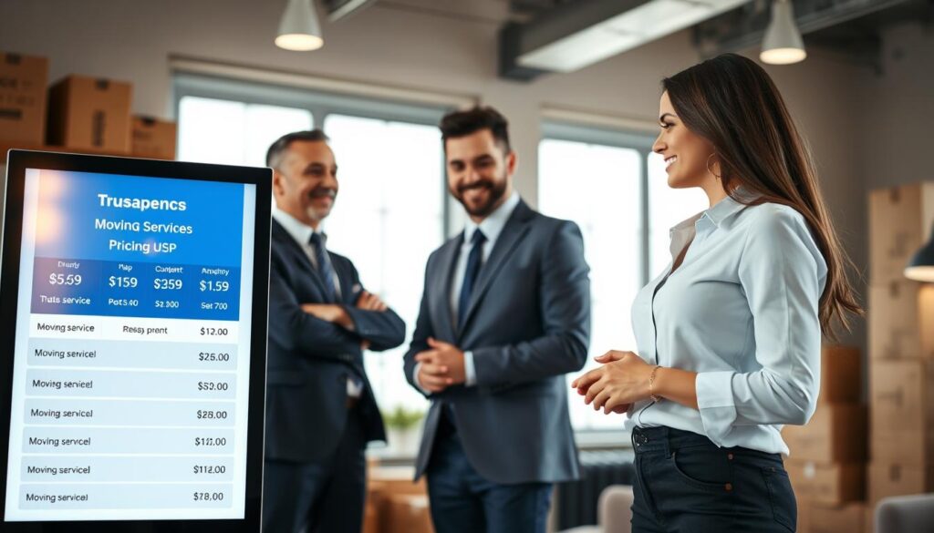 A modern office setting with a professional ambiance, featuring a transparent pricing table prominently displayed on a large digital screen in the foreground. The table showcases clear, itemized moving service costs, illustrated with simple icons for added clarity. In the middle ground, a confident male and female mover in professional business attire are discussing the pricing with a satisfied customer, who is attentively reviewing the details. The background includes shelves stacked with moving boxes, and a large window letting in natural light, enhancing the trustworthy atmosphere. Soft, warm lighting creates a welcoming feel, while a slight angle from above captures the entire scene, emphasizing transparency and professionalism in moving services.