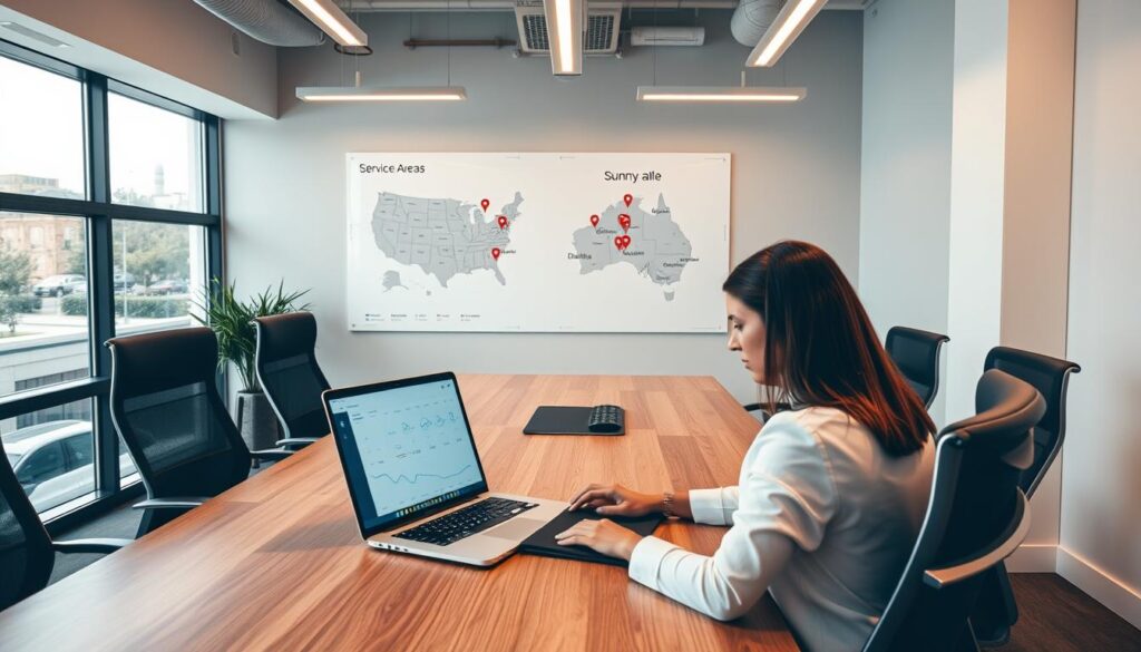 A modern office workspace dedicated to service area scheduling, featuring a large wooden conference table surrounded by sleek ergonomic chairs. In the foreground, a professional woman in business attire uses a laptop, focused on a digital scheduling interface displayed on the screen. The middle ground showcases a wall-mounted map highlighting service areas in Dallas and Sunnyvale, with pins marking key locations. In the background, large windows allow natural light to flood the room, creating a bright and inviting atmosphere. The lighting is warm and soft, enhanced by overhead LED fixtures. The camera angle is slightly above eye level, providing a comprehensive view of the entire scene, evoking a sense of organization and professionalism. A modern office workspace dedicated to service area scheduling, featuring a large wooden conference table surrounded by sleek ergonomic chairs. In the foreground, a professional woman in business attire uses a laptop, focused on a digital scheduling interface displayed on the screen. The middle ground showcases a wall-mounted map highlighting service areas in Dallas and Sunnyvale, with pins marking key locations. In the background, large windows allow natural light to flood the room, creating a bright and inviting atmosphere. The lighting is warm and soft, enhanced by overhead LED fixtures. The camera angle is slightly above eye level, providing a comprehensive view of the entire scene, evoking a sense of organization and professionalism.