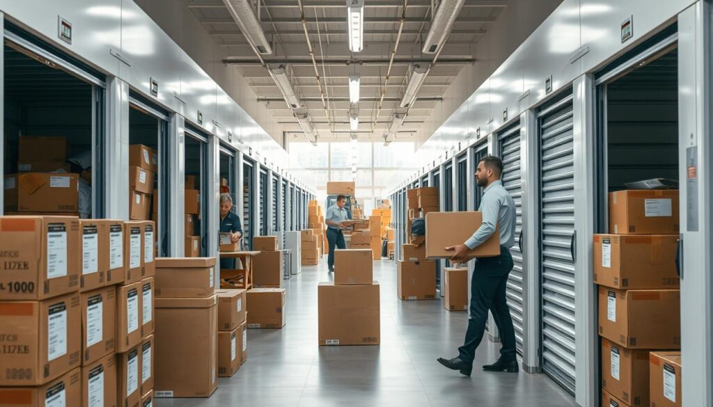A modern storage facility interior, showcasing a variety of organized storage units filled with boxes, furniture, and household items. In the foreground, a neatly stacked array of cardboard boxes labeled for easy identification. The middle ground features a spacious corridor with professional movers in business attire efficiently managing items, exuding a sense of teamwork. The background reveals a bright, well-lit space enhanced by natural lighting streaming through large windows, creating a warm and inviting atmosphere. The scene conveys a sense of reliability and professionalism, emphasizing the importance of effective storage solutions during a transition. Use a wide-angle lens to capture the depth and cleanliness of the facility, ensuring an overall mood of seamless organization and trust.
