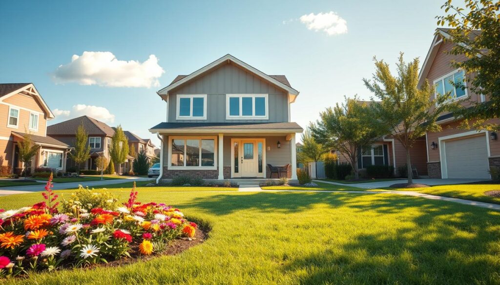 A modern suburban neighborhood featuring a charming new home with a welcoming facade. In the foreground, a neatly landscaped flower garden with colorful blooms and a well-maintained grassy lawn leads toward a front porch adorned with comfortable seating. In the middle ground, the house stands with large windows reflecting the sunlight, while the door is painted in a cheerful pastel color. The background showcases a clear blue sky punctuated by a few fluffy clouds, with trees lining the street and other houses in a similar architectural style. The lighting is warm and inviting, evoking a sense of community and homeliness. The scene is captured from a slightly elevated angle, providing a dynamic view that conveys a peaceful, family-friendly atmosphere. A modern suburban neighborhood featuring a charming new home with a welcoming facade. In the foreground, a neatly landscaped flower garden with colorful blooms and a well-maintained grassy lawn leads toward a front porch adorned with comfortable seating. In the middle ground, the house stands with large windows reflecting the sunlight, while the door is painted in a cheerful pastel color. The background showcases a clear blue sky punctuated by a few fluffy clouds, with trees lining the street and other houses in a similar architectural style. The lighting is warm and inviting, evoking a sense of community and homeliness. The scene is captured from a slightly elevated angle, providing a dynamic view that conveys a peaceful, family-friendly atmosphere.