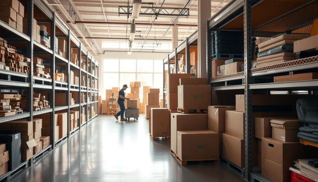 A modern, well-organized storage facility interior, showcasing neatly arranged storage units filled with various items such as boxes, furniture, and personal belongings. In the foreground, a clean, open storage area illuminated by warm, soft lighting, highlighting the textures of wood and metal in the shelving. In the middle ground, a few professional movers in modest casual clothing are seen carefully stacking boxes, conveying a sense of efficiency and reliability. The background displays large windows letting in natural light, creating a bright and inviting atmosphere. Overall, the mood is industrious yet friendly, emphasizing flexibility and safe storage solutions for short-term needs. The angle is slightly elevated, capturing both the breadth of the facility and the focused efforts of the movers at work. A modern, well-organized storage facility interior, showcasing neatly arranged storage units filled with various items such as boxes, furniture, and personal belongings. In the foreground, a clean, open storage area illuminated by warm, soft lighting, highlighting the textures of wood and metal in the shelving. In the middle ground, a few professional movers in modest casual clothing are seen carefully stacking boxes, conveying a sense of efficiency and reliability. The background displays large windows letting in natural light, creating a bright and inviting atmosphere. Overall, the mood is industrious yet friendly, emphasizing flexibility and safe storage solutions for short-term needs. The angle is slightly elevated, capturing both the breadth of the facility and the focused efforts of the movers at work.