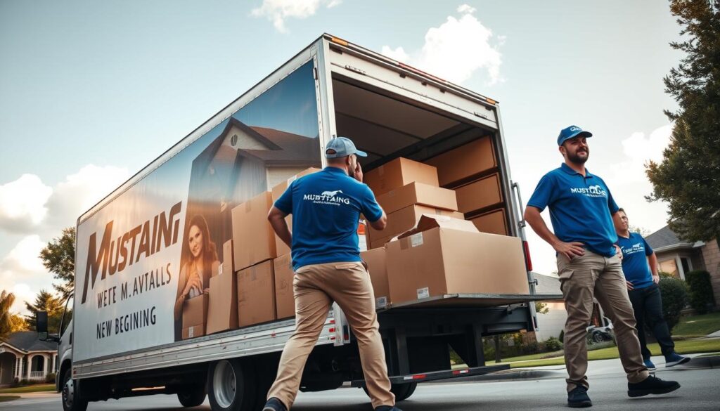 A moving truck from Mustang Moving is prominently placed in the foreground, packed with well-organized boxes and furniture, showcasing a seamless relocation. A diverse team of three professional movers, dressed in branded blue shirts and khaki pants, diligently loads items into the truck, conveying a sense of teamwork and efficiency. In the middle ground, a suburban street in Dallas can be seen, lined with green trees and charming houses, creating a welcoming atmosphere for a new beginning. The background features a sunny sky with a few fluffy clouds, illuminating the scene with warm, natural light. The overall mood conveys trust and reliability, emphasizing an effortless moving experience. The perspective is slightly elevated, as if taken from a low angle to enhance the grandeur of the moving process.