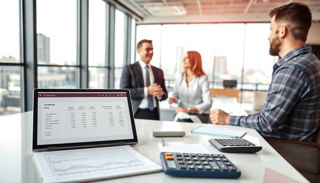 A professional and inviting office setting focused on transparent pricing in moving services. In the foreground, a sleek, modern desk displays an open laptop with a detailed pricing breakdown and clean charts. Next to it, a calculator and a notepad with simple, clear notes. In the middle ground, a friendly business professional in smart attire is discussing rates with a thoughtful client, both engaging in dialogue over pricing details. The background features a bright, well-lit office space with large windows showing a view of Dallas and Frisco, creating an optimistic atmosphere. Soft natural lighting enhances the scene, providing a warm yet professional mood, captured from a slightly elevated angle to emphasize clarity and engagement.