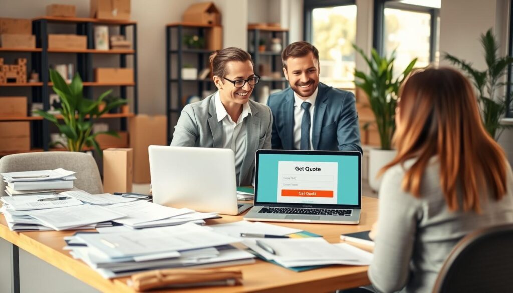 A professional and inviting office space where a friendly moving consultant is discussing moving details with a potential client. In the foreground, a neatly arranged desk cluttered with paperwork and a laptop displaying a 