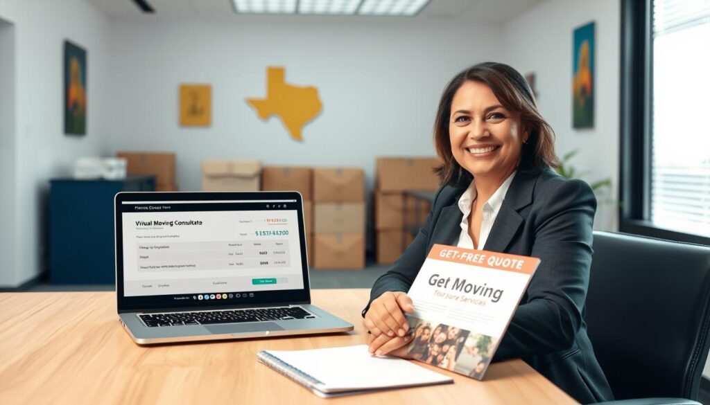 A professional and inviting scene depicting a friendly moving consultant in business attire, sitting at a desk with a laptop open, showing a virtual quote for moving services. The consultant, a middle-aged Hispanic woman, is smiling warmly at the camera, exuding reliability and trust. In the foreground, the desk is adorned with a neatly organized notepad and a reassuring brochure about moving services. The middle background features a bright office space decorated with moving-related imagery, such as boxes and a map of Texas. The lighting is soft and natural, streaming through a window, creating a welcoming atmosphere. The overall mood is one of professionalism, clarity, and approachability, emphasizing the invitation to get a free quote.