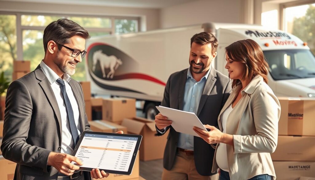 A professional and visually engaging scene depicting the concept of moving costs. In the foreground, a friendly moving consultant in business attire is discussing options with a couple, who are attentively reviewing documents and a digital tablet showing a moving cost estimate. In the middle ground, a bright living room with packed boxes, some labeled with different categories (furniture, kitchen, fragile), emphasizes the moving process. The background features a truck with the Mustang Moving logo parked outside the window, set against a sunny backdrop with trees. Soft, natural lighting casts a warm glow, creating a sense of trust and professionalism. The atmosphere is friendly and informative, portraying reliability in moving services.