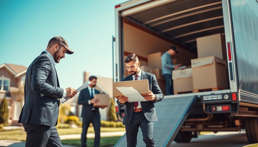 A professional moving company in action, showcasing a team of three movers in smart business attire, carefully loading a moving truck with furniture and boxes. In the foreground, one mover examines a checklist, emphasizing organization and professionalism. The middle ground features a well-branded moving truck with the company logo prominently displayed, parked outside a suburban home in Dallas. The background reveals a clear blue sky and well-manicured lawns, symbolizing reliability and trust. The scene is bathed in warm sunlight, creating a welcoming atmosphere. The composition is captured from a slightly elevated angle, providing a comprehensive view of the scene, while focusing on the meticulous and caring approach to handling customers' belongings. A professional moving company in action, showcasing a team of three movers in smart business attire, carefully loading a moving truck with furniture and boxes. In the foreground, one mover examines a checklist, emphasizing organization and professionalism. The middle ground features a well-branded moving truck with the company logo prominently displayed, parked outside a suburban home in Dallas. The background reveals a clear blue sky and well-manicured lawns, symbolizing reliability and trust. The scene is bathed in warm sunlight, creating a welcoming atmosphere. The composition is captured from a slightly elevated angle, providing a comprehensive view of the scene, while focusing on the meticulous and caring approach to handling customers' belongings.