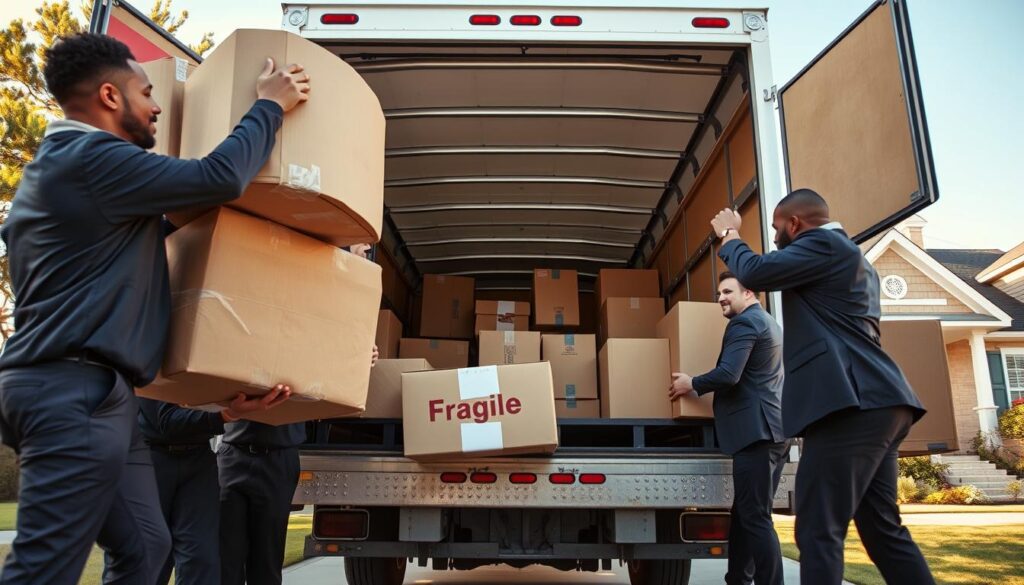 A professional moving company scene depicting a diverse team of movers in business attire, actively loading furniture and boxes into a well-branded truck parked in a suburban Dallas neighborhood. In the foreground, show strong, focused individuals lifting a couch and a box labeled “Fragile,” emphasizing teamwork. The middle ground features the truck's open back filled with neatly arranged boxes and furniture, reflecting organization and care. In the background, include a quaint residential home typical of Euless, with a clear blue sky and warm sunlight creating a welcoming atmosphere. Use a wide-angle lens to capture the bustling activity and add a slight depth of field to keep the focus on the movers while softly blurring the background. The mood is dynamic yet professional, highlighting reliability and efficiency. A professional moving company scene depicting a diverse team of movers in business attire, actively loading furniture and boxes into a well-branded truck parked in a suburban Dallas neighborhood. In the foreground, show strong, focused individuals lifting a couch and a box labeled “Fragile,” emphasizing teamwork. The middle ground features the truck's open back filled with neatly arranged boxes and furniture, reflecting organization and care. In the background, include a quaint residential home typical of Euless, with a clear blue sky and warm sunlight creating a welcoming atmosphere. Use a wide-angle lens to capture the bustling activity and add a slight depth of field to keep the focus on the movers while softly blurring the background. The mood is dynamic yet professional, highlighting reliability and efficiency.