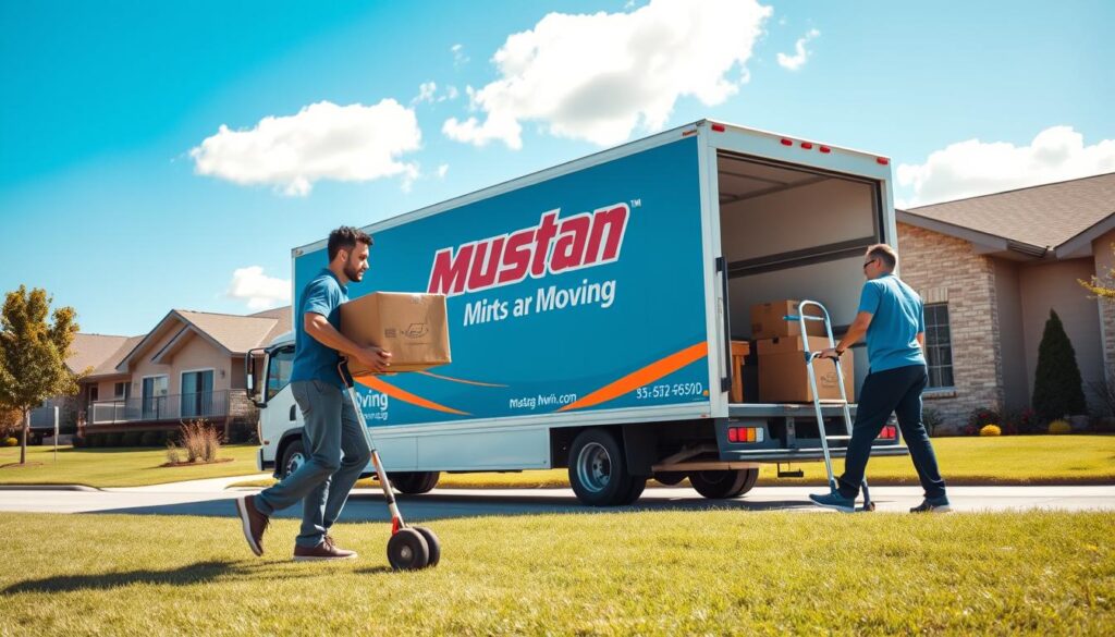 A professional moving company scene featuring a vibrant moving truck with the Mustang Moving logo parked outside a modern suburban home. In the foreground, two movers dressed in professional attire lift a large box onto a dolly, showcasing teamwork and efficiency. The middle ground features the moving truck with its rear doors open, displaying neatly stacked boxes and furniture. The background showcases a clear blue sky with a few fluffy clouds, and well-manicured lawns typical of a Dallas neighborhood. The lighting is bright and inviting, capturing the essence of a sunny day. The atmosphere conveys reliability, professionalism, and ease, illustrating the complete service offerings of a moving company like Mustang Moving. A professional moving company scene featuring a vibrant moving truck with the Mustang Moving logo parked outside a modern suburban home. In the foreground, two movers dressed in professional attire lift a large box onto a dolly, showcasing teamwork and efficiency. The middle ground features the moving truck with its rear doors open, displaying neatly stacked boxes and furniture. The background showcases a clear blue sky with a few fluffy clouds, and well-manicured lawns typical of a Dallas neighborhood. The lighting is bright and inviting, capturing the essence of a sunny day. The atmosphere conveys reliability, professionalism, and ease, illustrating the complete service offerings of a moving company like Mustang Moving.