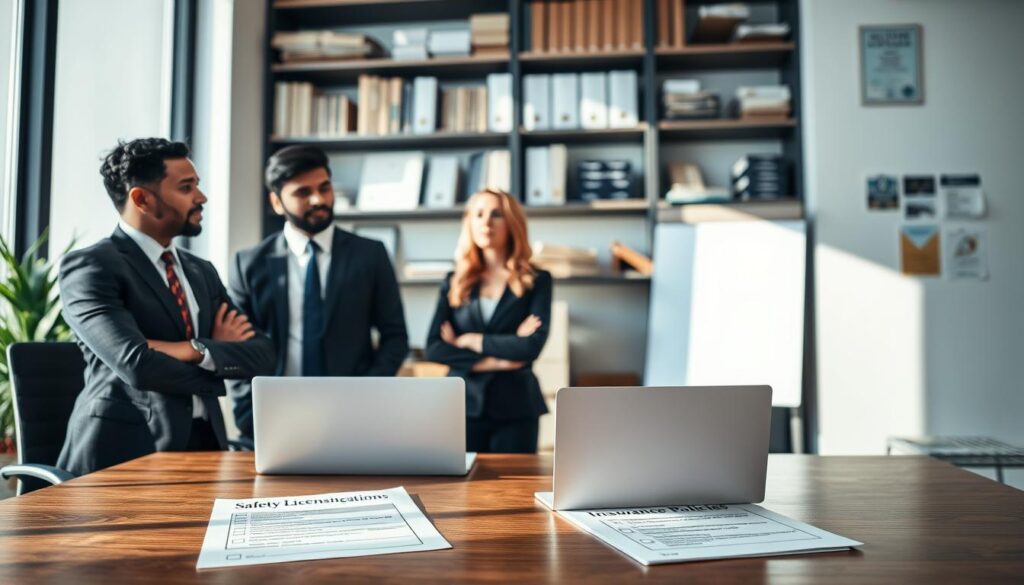 A professional moving company scene set in an office, featuring a diverse team of three individuals in smart business attire discussing safety regulations and insurance details for moving services. In the foreground, a detailed desk with paperwork labeled A professional moving company scene set in an office, featuring a diverse team of three individuals in smart business attire discussing safety regulations and insurance details for moving services. In the foreground, a detailed desk with paperwork labeled