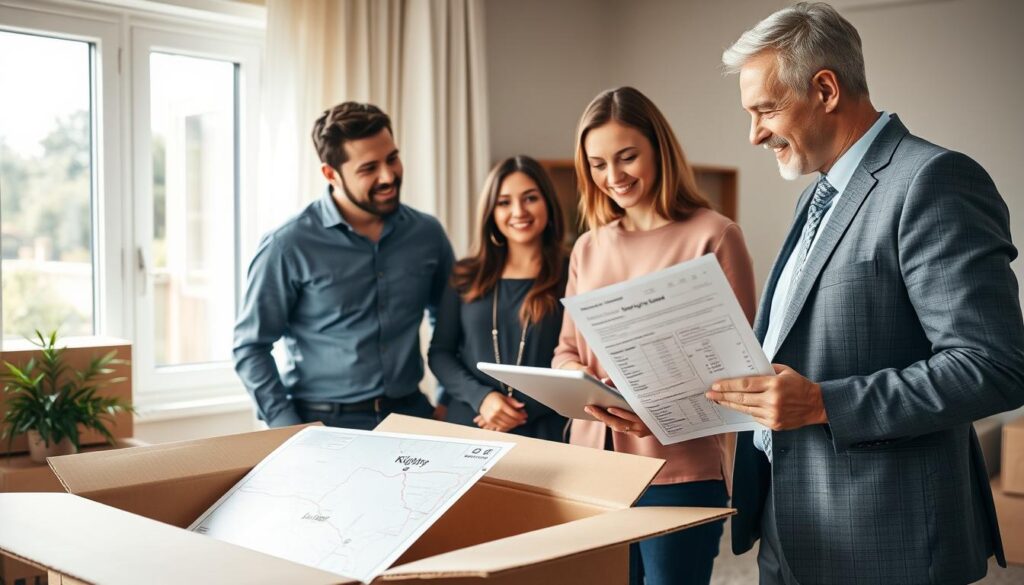 A professional moving quote scene portraying a family in a well-lit, modern home office setting. In the foreground, a family is engaged in a discussion with a friendly, professional moving consultant. The moving consultant, dressed in smart business attire, is showing them a detailed estimate on a digital tablet. In the middle ground, an open moving box with packing materials and a map of the Dallas to Kilgore route can be seen, symbolizing the preparation for the move. In the background, a window reveals a sunny day outside, enhancing the optimistic mood. Soft natural lighting highlights the warm, inviting colors of the space, creating a sense of professionalism and reliability. The camera angle is slightly elevated, providing a clear view of the interaction without distractions. A professional moving quote scene portraying a family in a well-lit, modern home office setting. In the foreground, a family is engaged in a discussion with a friendly, professional moving consultant. The moving consultant, dressed in smart business attire, is showing them a detailed estimate on a digital tablet. In the middle ground, an open moving box with packing materials and a map of the Dallas to Kilgore route can be seen, symbolizing the preparation for the move. In the background, a window reveals a sunny day outside, enhancing the optimistic mood. Soft natural lighting highlights the warm, inviting colors of the space, creating a sense of professionalism and reliability. The camera angle is slightly elevated, providing a clear view of the interaction without distractions.